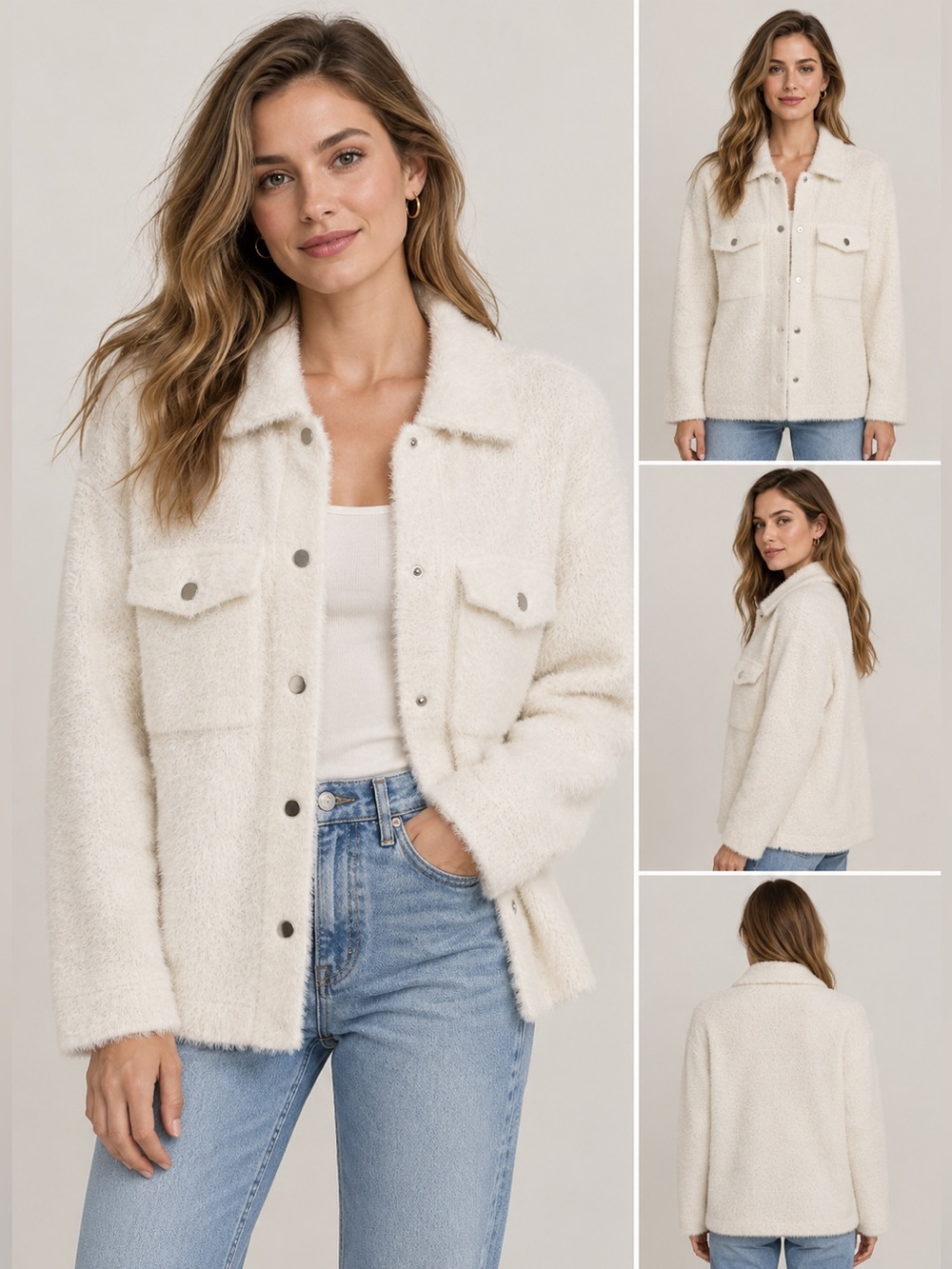 Rachel Zoe Ivory Fuzzy Eyelash Knit Shacket Snap Front Jacket Size S